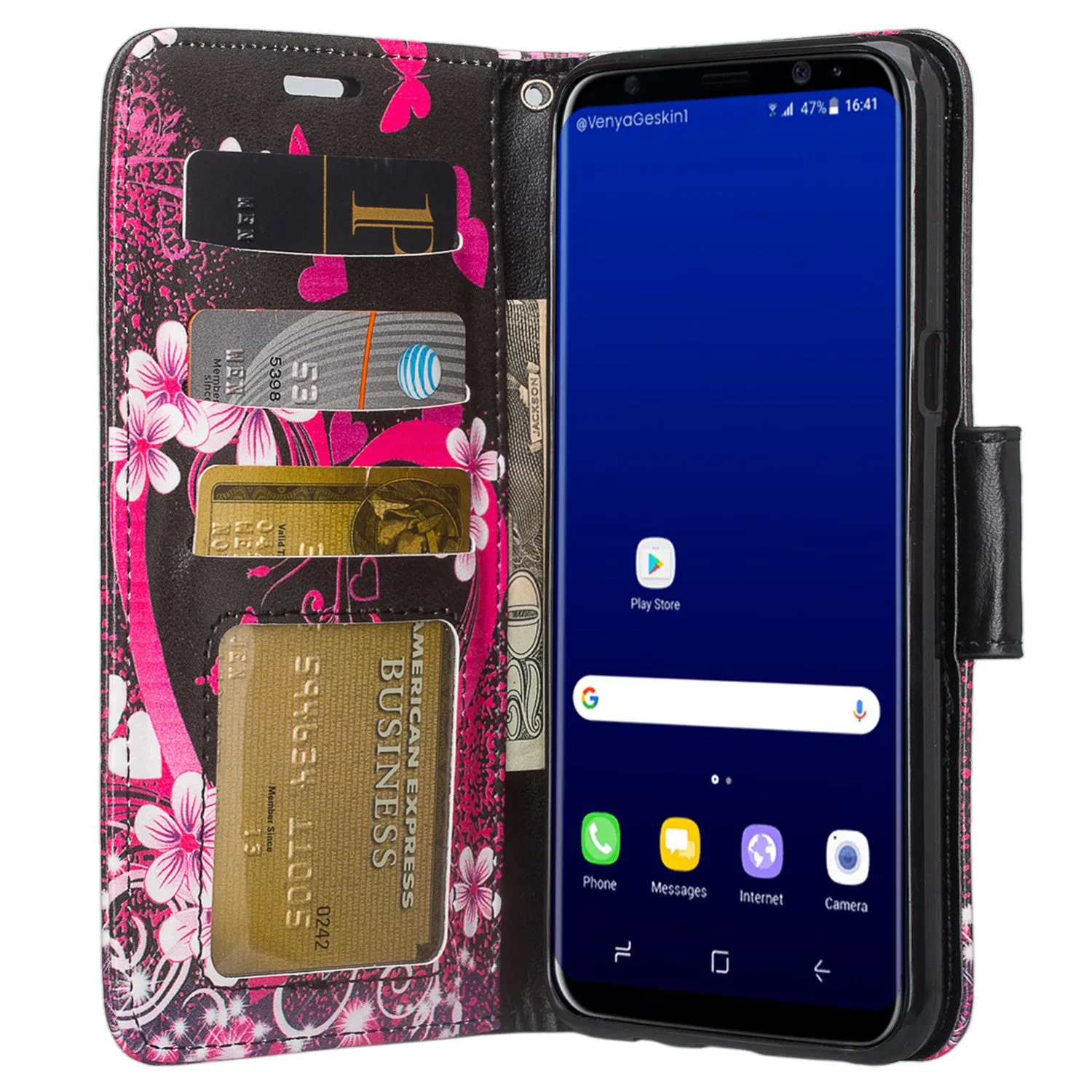 Samsung Galaxy S8 Plus Case, Wrist Strap Pu Leather Magnetic Fold[Kickstand] Wallet Case with ID & Credit Card Slots for Galaxy S8 Plus, SM-G955 - Heart Butterflies