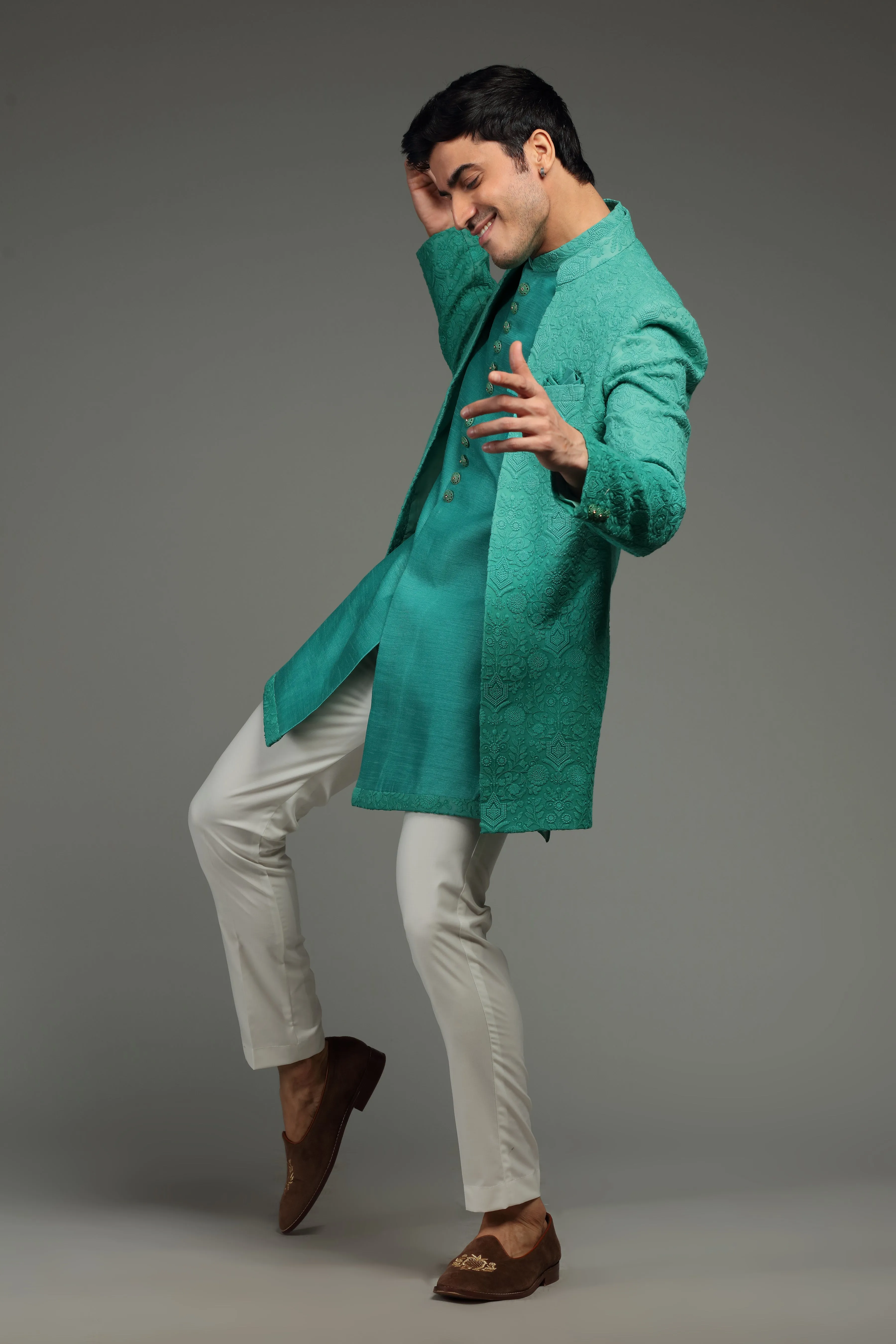 Sea Green Silk Jacket Set With Resham Embroidery