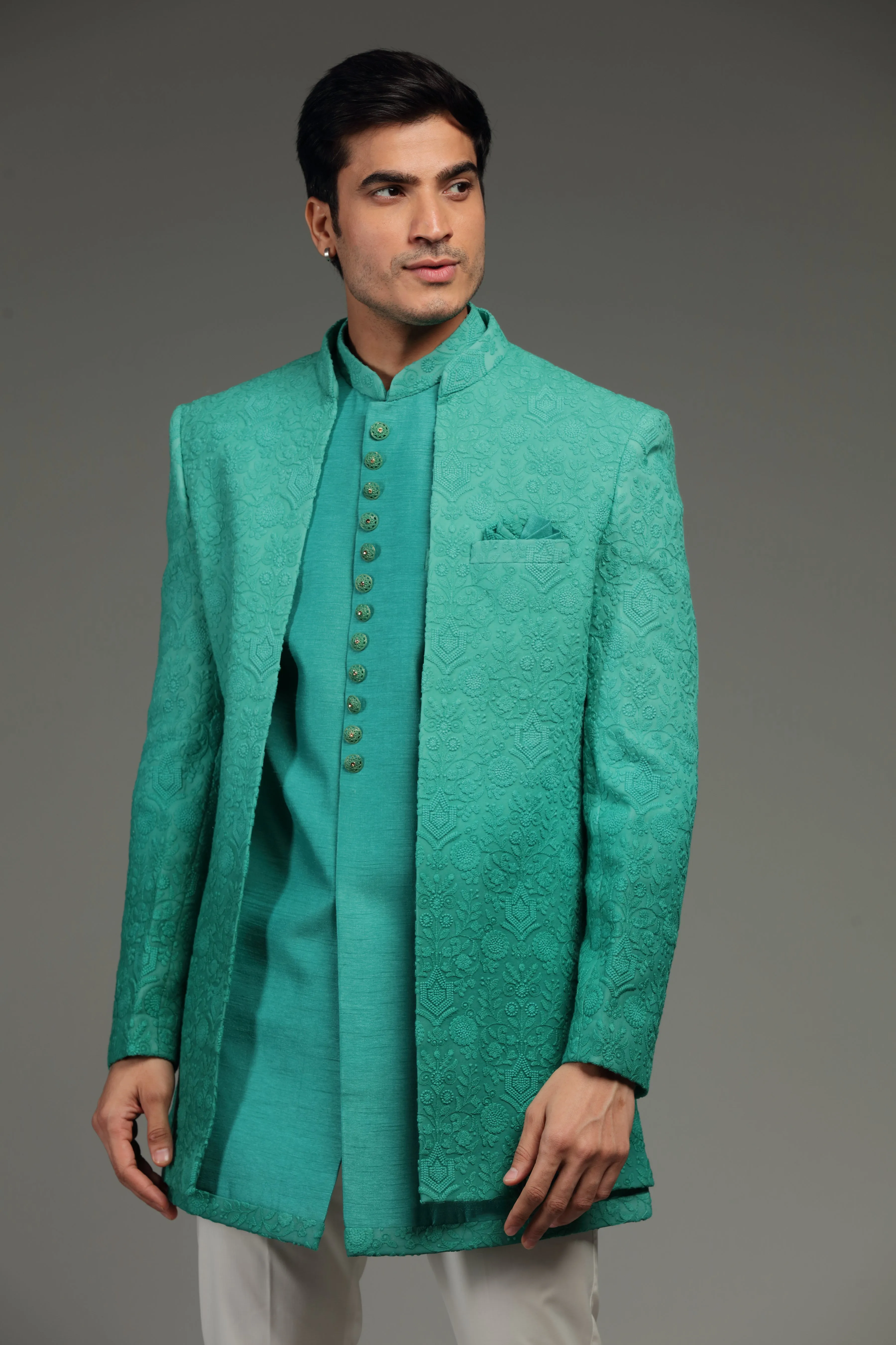 Sea Green Silk Jacket Set With Resham Embroidery