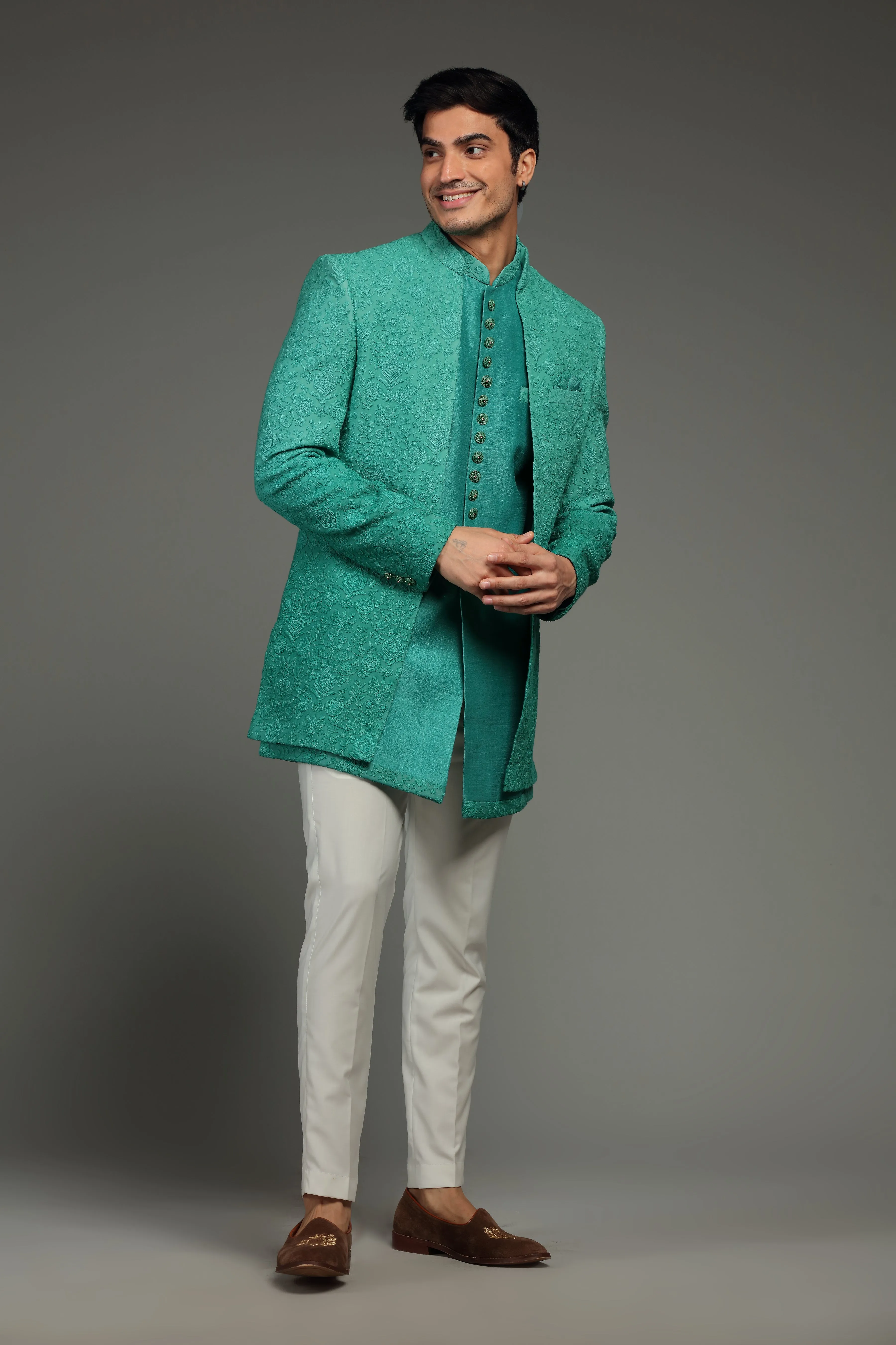 Sea Green Silk Jacket Set With Resham Embroidery