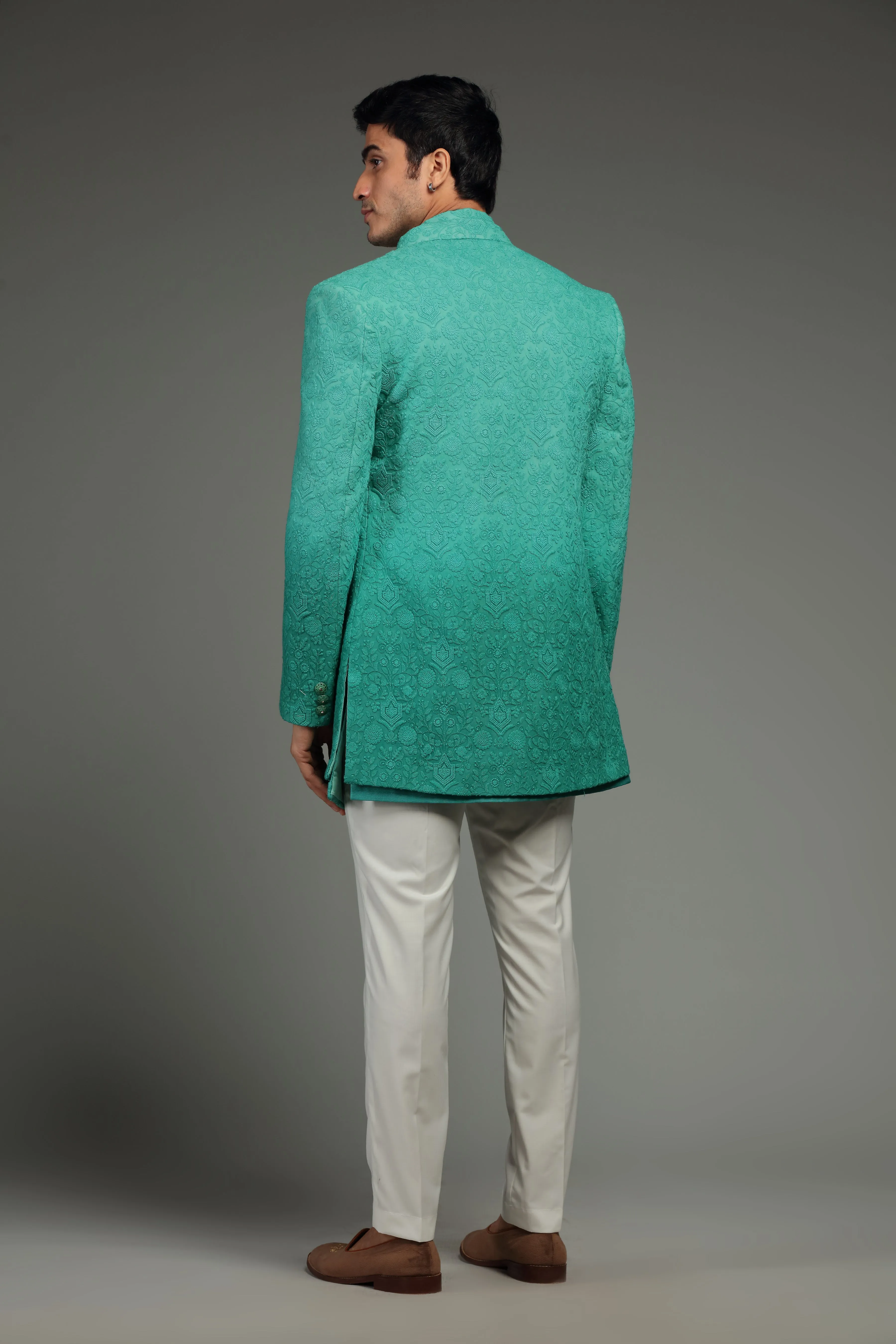 Sea Green Silk Jacket Set With Resham Embroidery