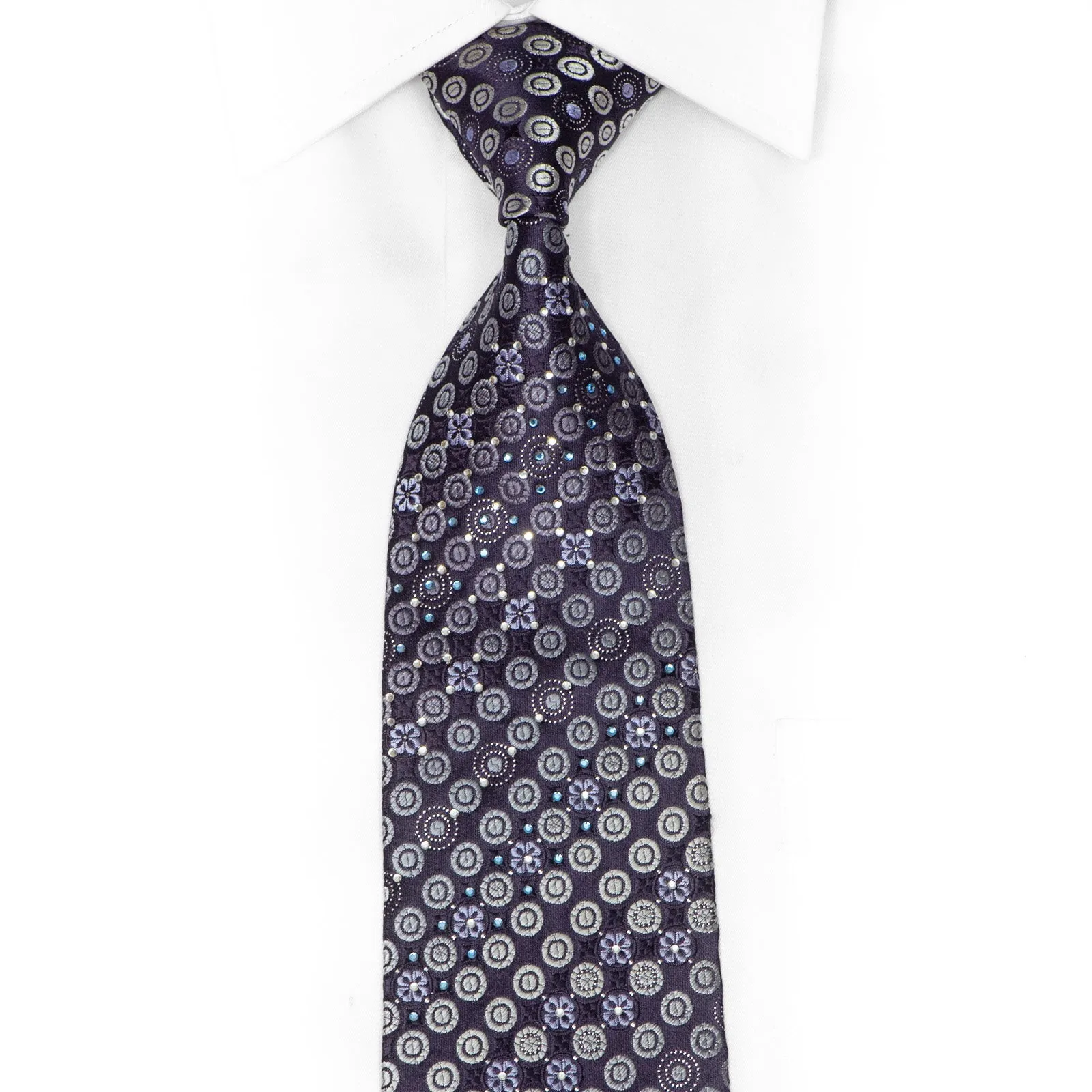 Silver Geometric Floral On Navy Blue Rhinestone Tie With Sparkles