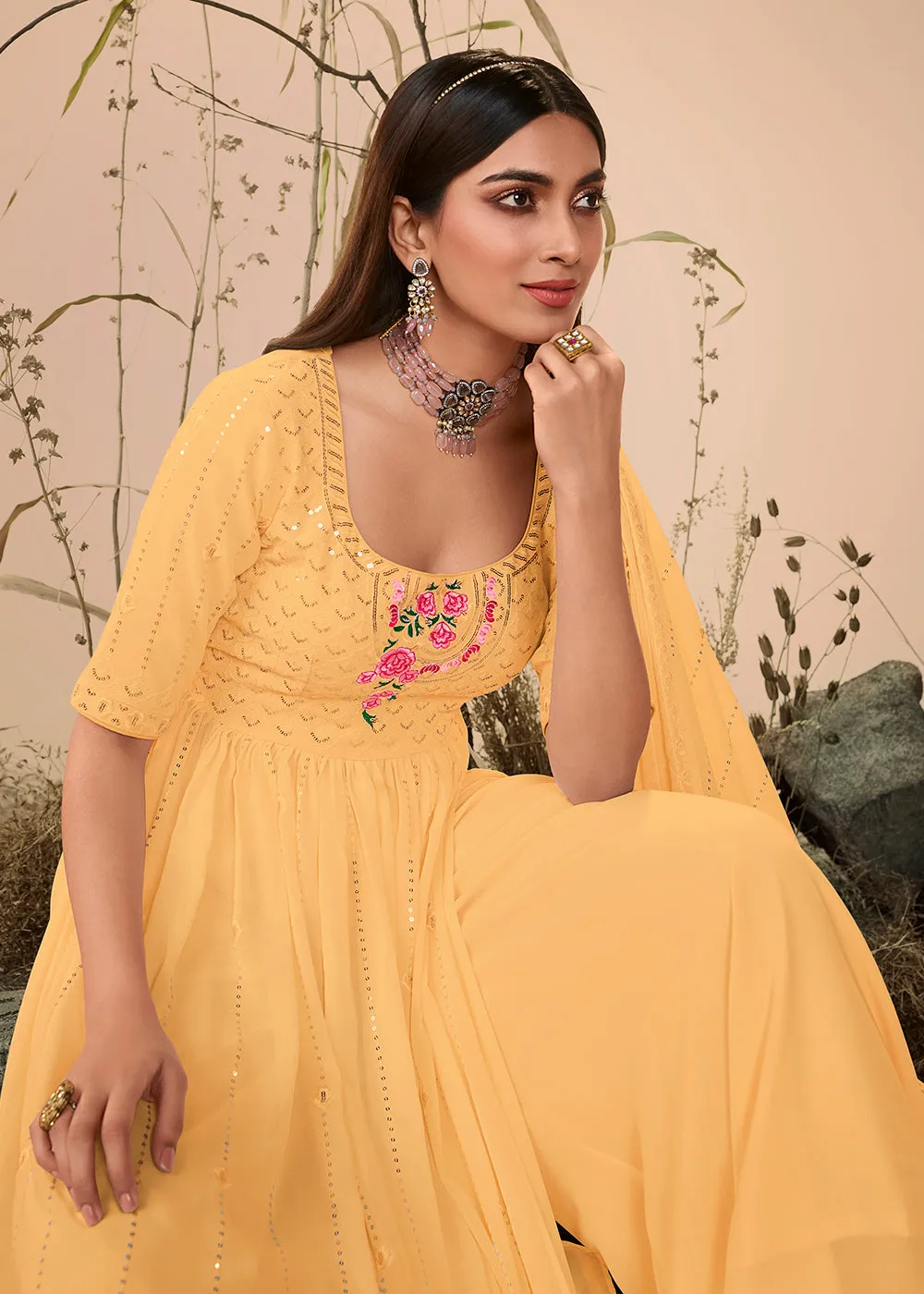 Splendid Festive Yellow Georgette Palazzo Salwar Suit