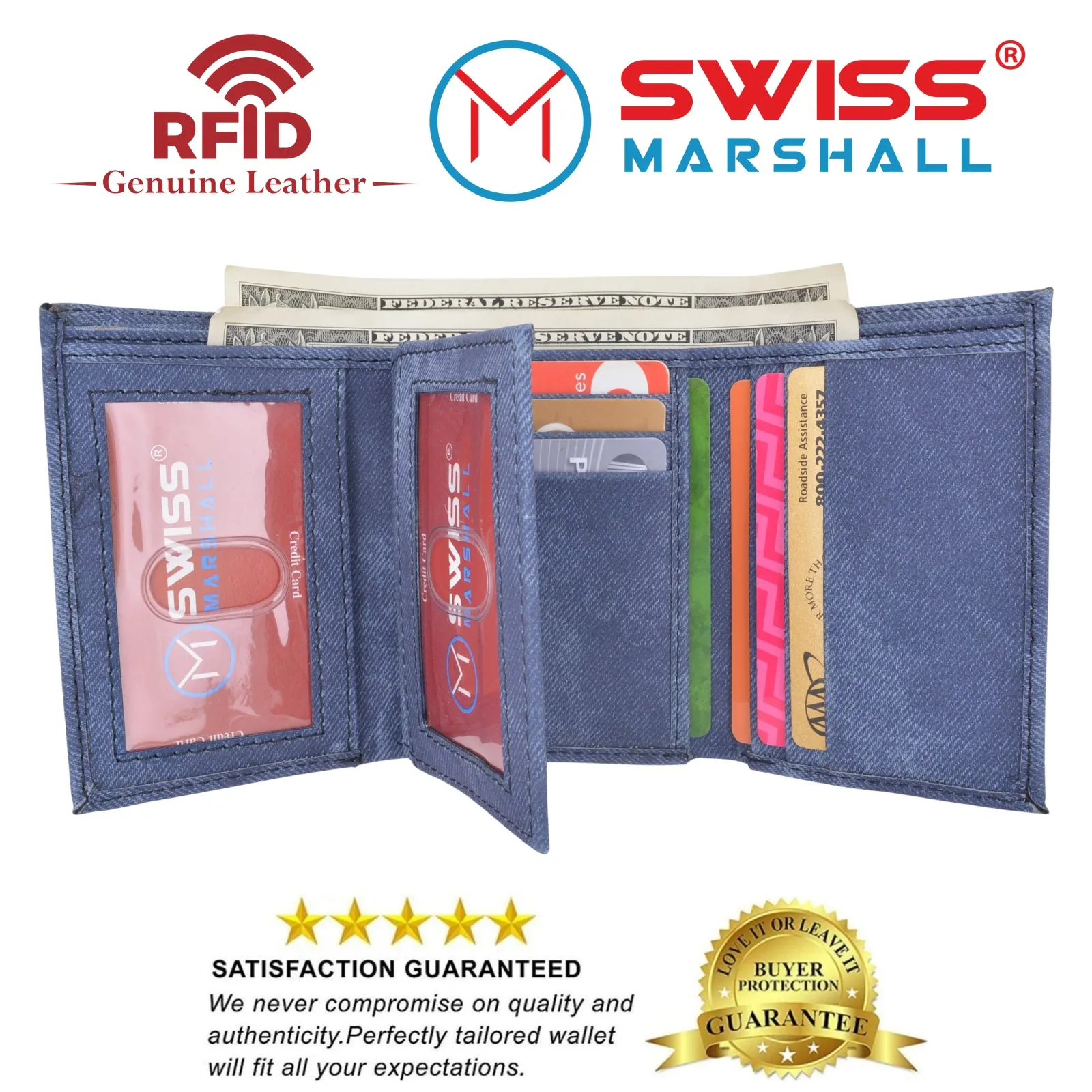 Swiss Marshall Men's Vegan Leather RFID Trifold Wallet with 2 ID Windows Extra Capacity