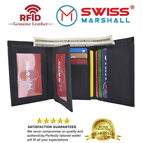 Swiss Marshall Men's Vegan Leather RFID Trifold Wallet with 2 ID Windows Extra Capacity