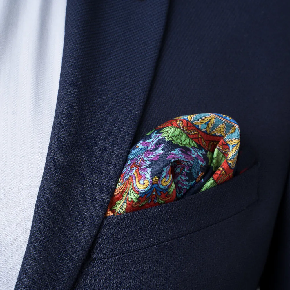 Taormina Art Blue and Red Silk Twill Pocket Square