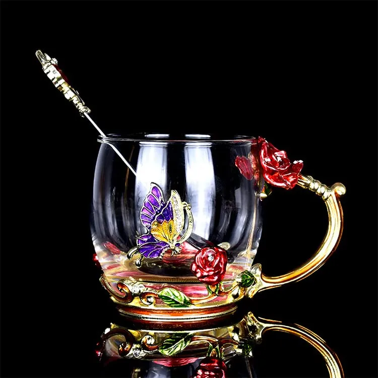 The Artment Your Artistic Apartment Crystal Paradise Glass Mug 3D Flower Cups Tea Mug With Matching Spoon|Antique Tea Cups For Drinking Juice,Premium Mug,Best For Gifts - Red,Regular - 350 Ml