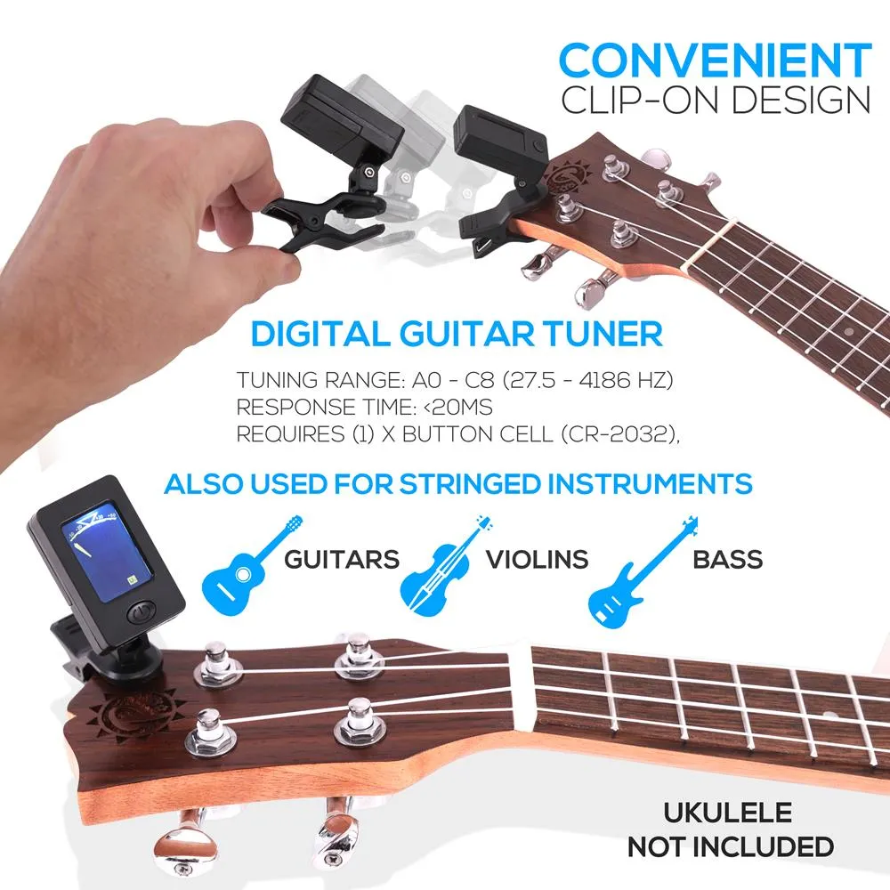 Ukulele Accessory Kit - Handy Digital Tuner, Sturdy Gig Bag, Detachable Ukulele Strap With 3 Pcs. Felt Picks & Finger Guide