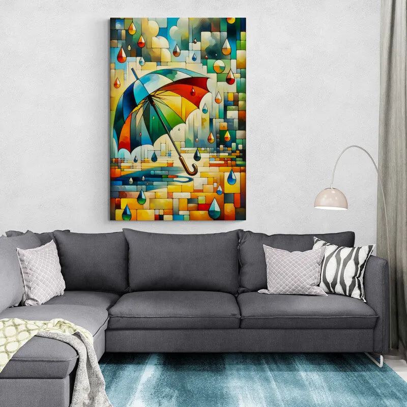 Umbrella's Embrace: A Cubist Wall Art Print - canvas