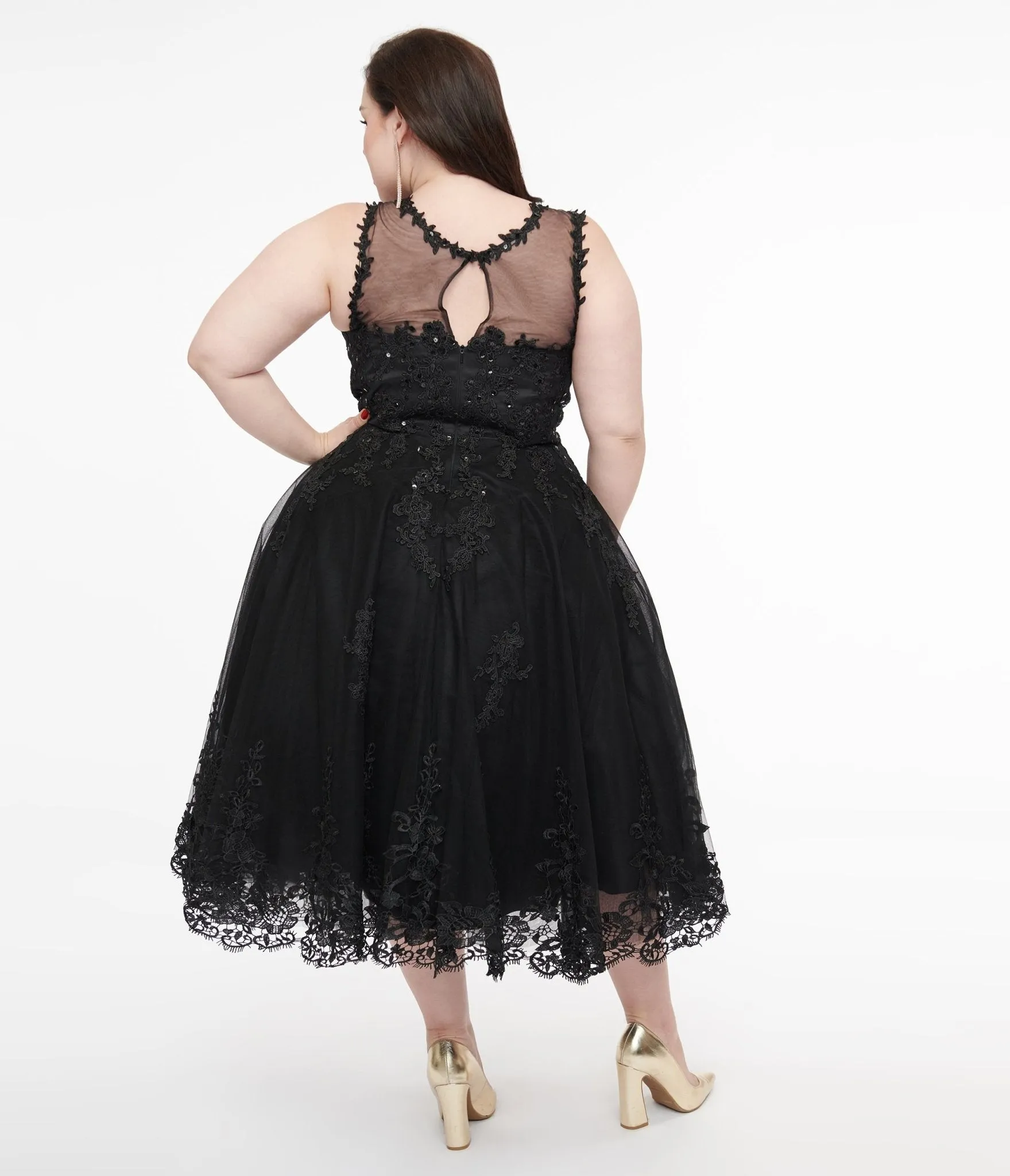 Unique Vintage Plus Size 1950s Black Lace & Tulle Riviera Dress