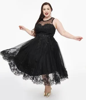 Unique Vintage Plus Size 1950s Black Lace & Tulle Riviera Dress