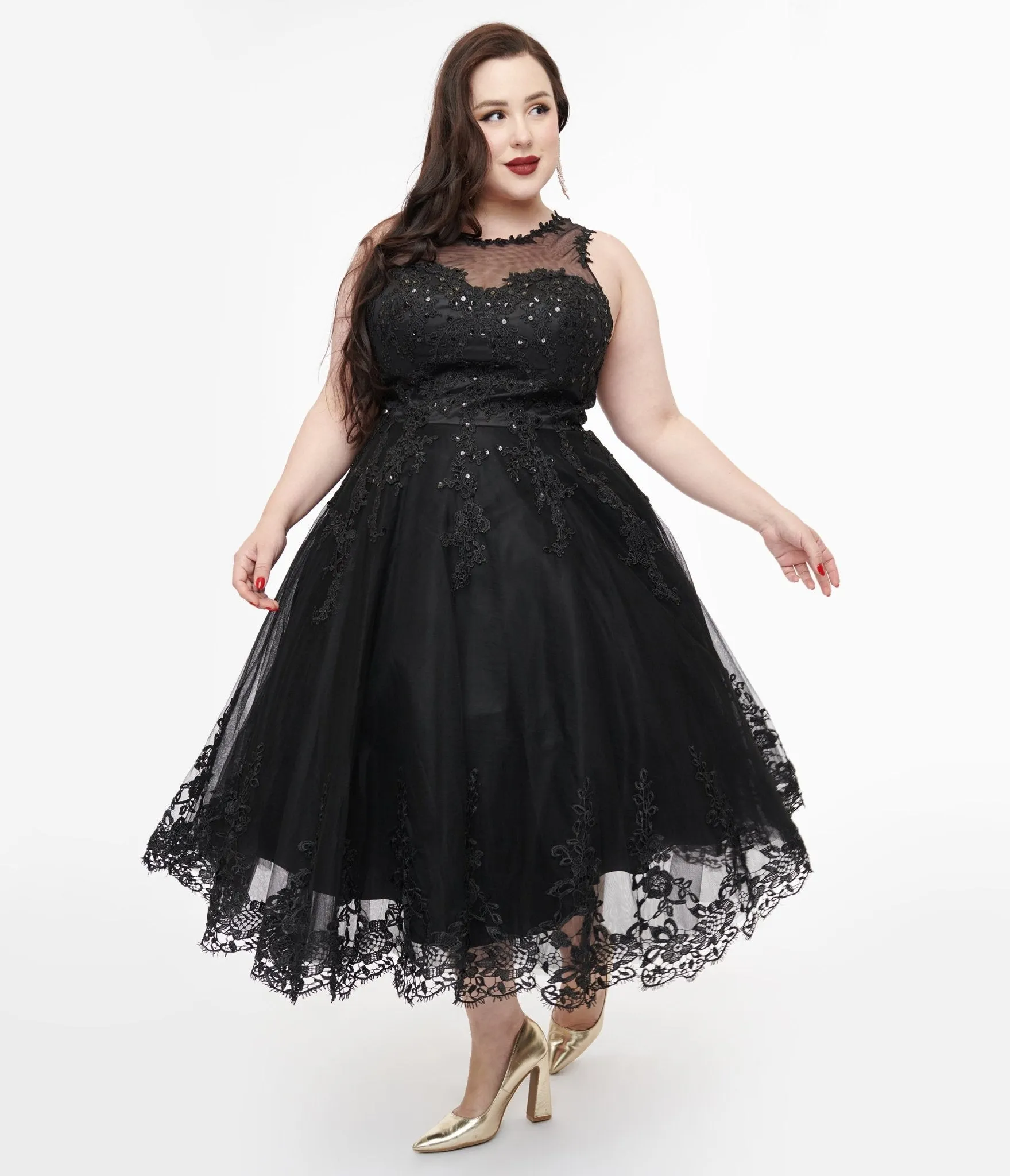 Unique Vintage Plus Size 1950s Black Lace & Tulle Riviera Dress