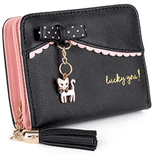 UTO Wallet for Girls PU Leather Card Holder Organizer Women Small Cute Coin Purse Black