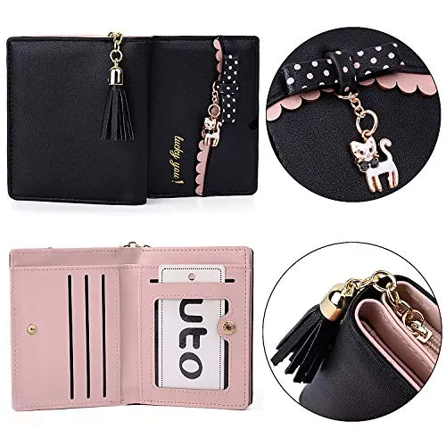 UTO Wallet for Girls PU Leather Card Holder Organizer Women Small Cute Coin Purse Black