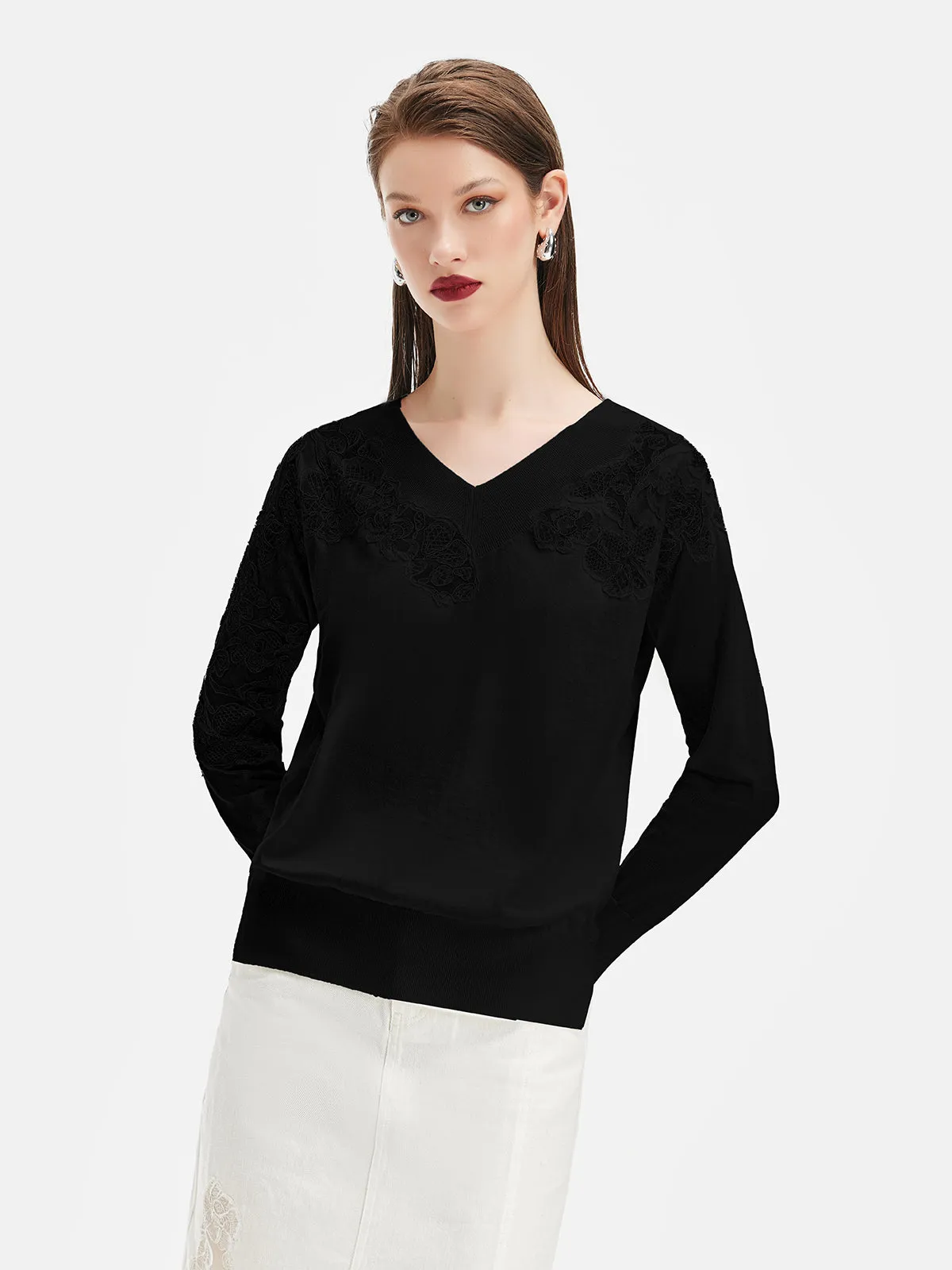 V-neck Lace Embroidered Knit Top