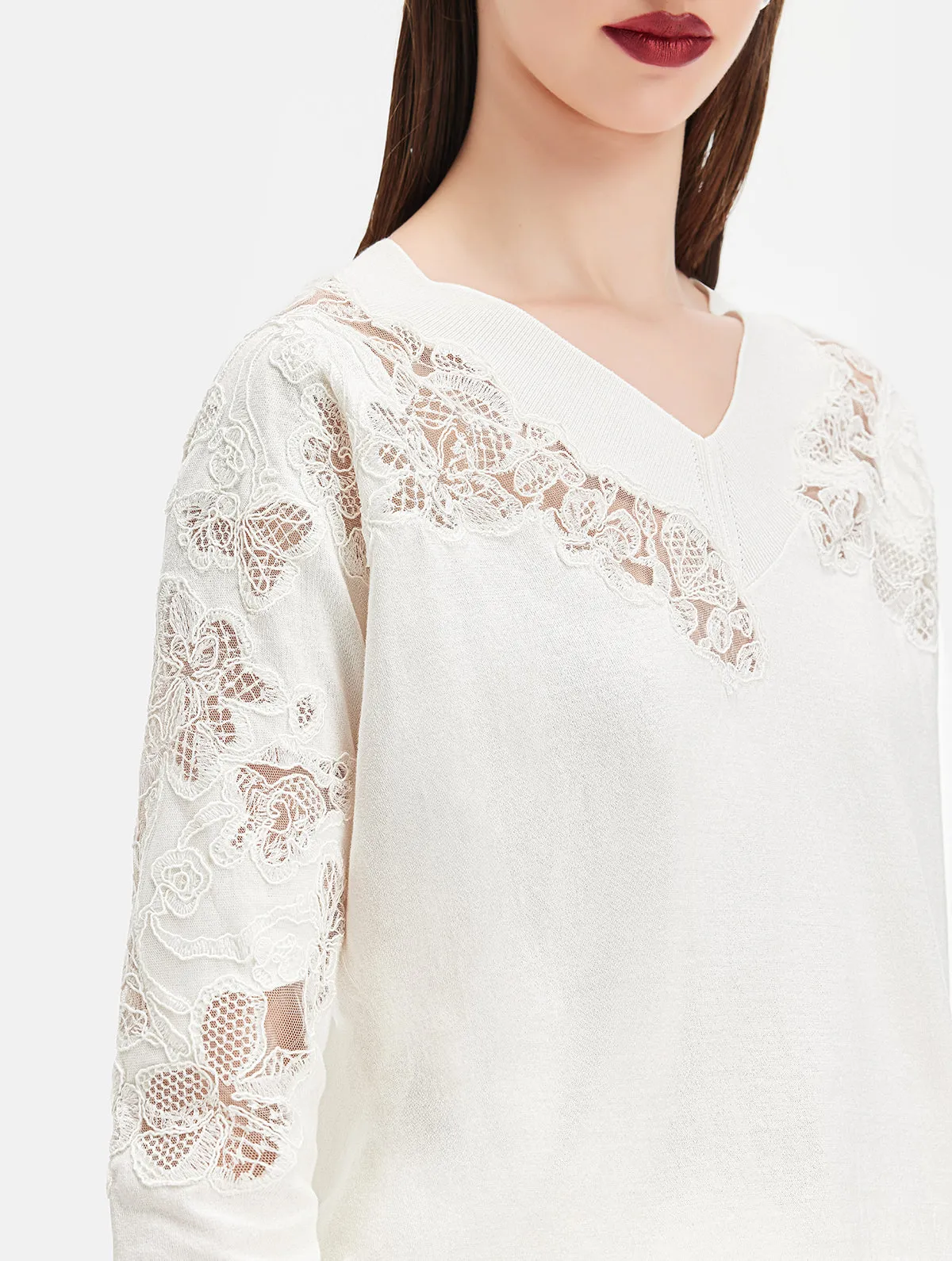 V-neck Lace Embroidered Knit Top