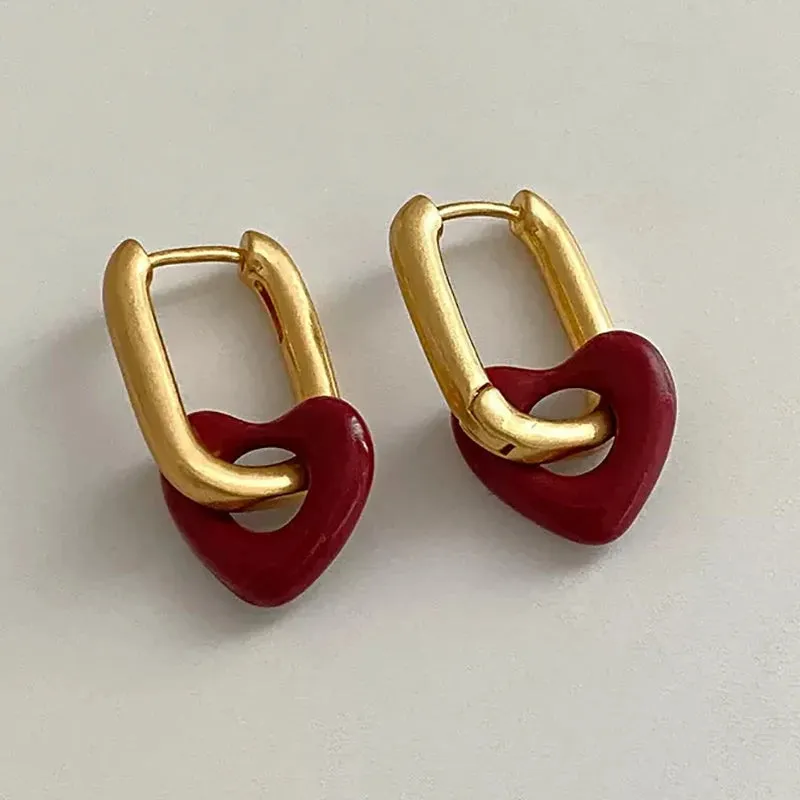 VAIGE Dazzling Red Heart Square Hoop Gold Earrings