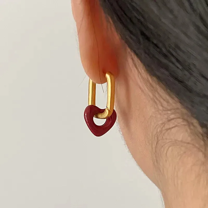 VAIGE Dazzling Red Heart Square Hoop Gold Earrings