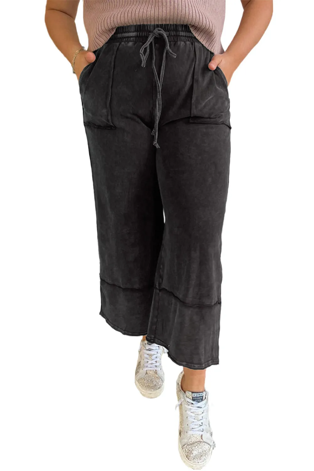 Wholesale Black Plus Mineral Wash Exposed Seam Wide Leg Cropped Pants