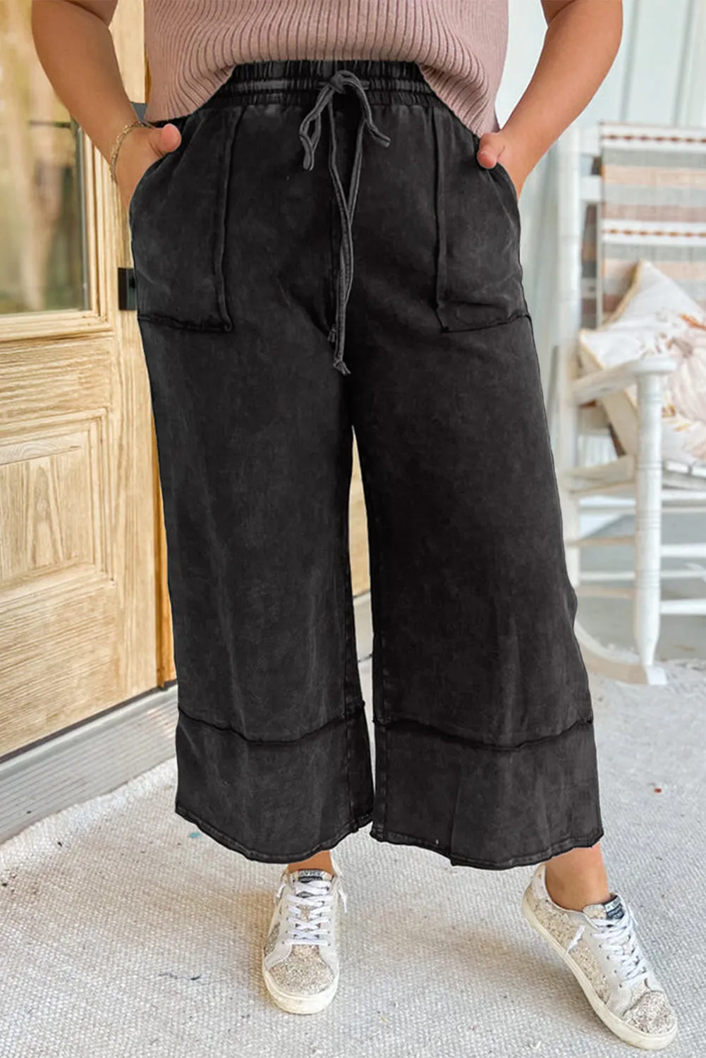 Wholesale Black Plus Mineral Wash Exposed Seam Wide Leg Cropped Pants