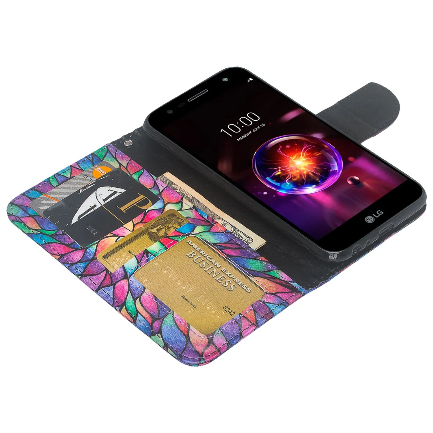 X Power 3 Case, LG X Power 3, Wrist Strap Leather Wallet Case [Kickstand] with Credit Card Slots - Rainbow Flower