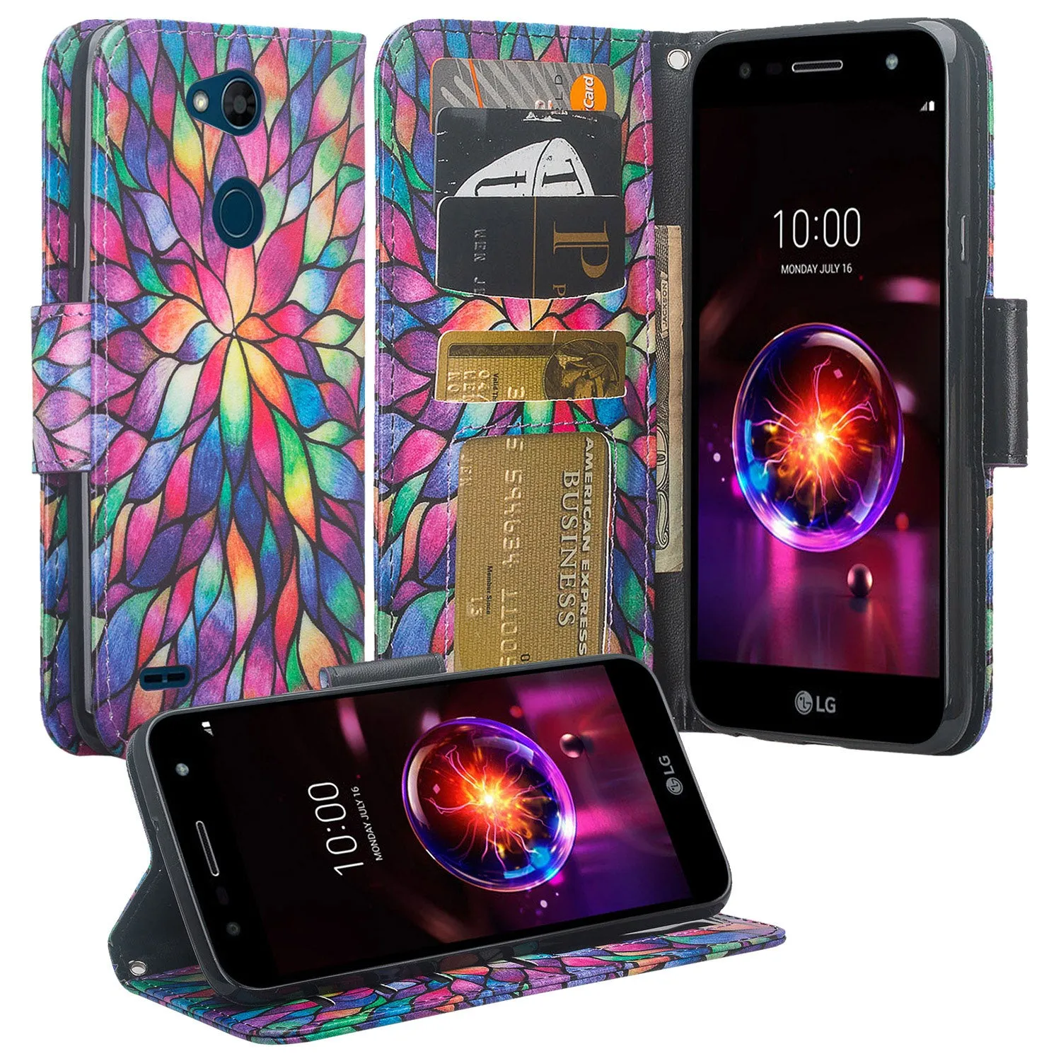 X Power 3 Case, LG X Power 3, Wrist Strap Leather Wallet Case [Kickstand] with Credit Card Slots - Rainbow Flower