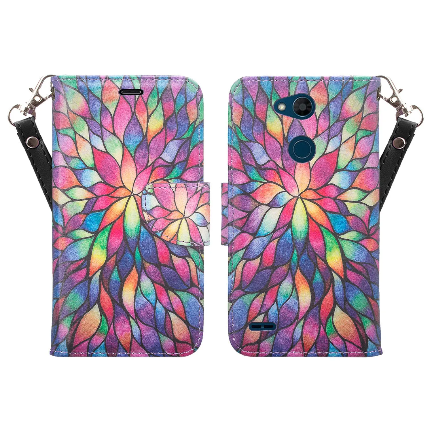 X Power 3 Case, LG X Power 3, Wrist Strap Leather Wallet Case [Kickstand] with Credit Card Slots - Rainbow Flower