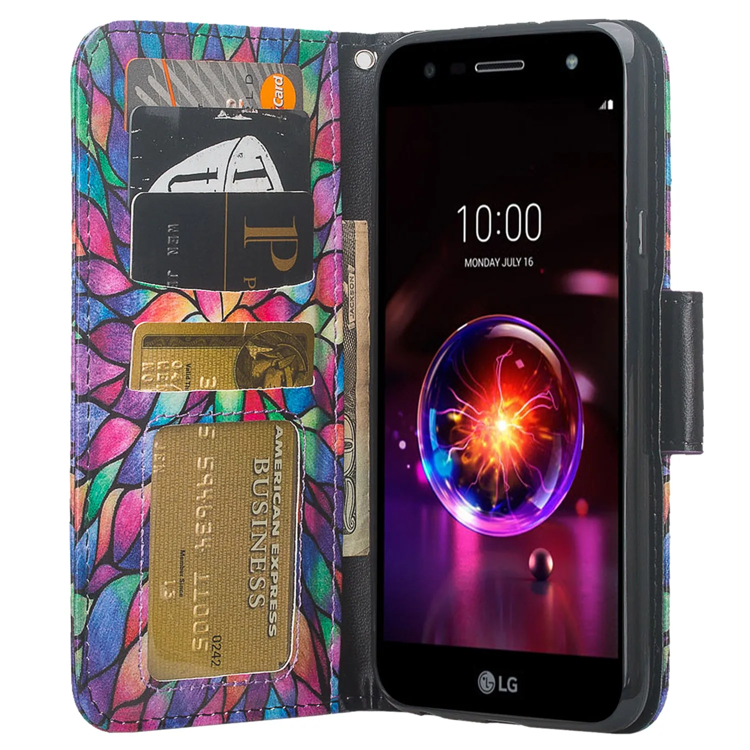 X Power 3 Case, LG X Power 3, Wrist Strap Leather Wallet Case [Kickstand] with Credit Card Slots - Rainbow Flower